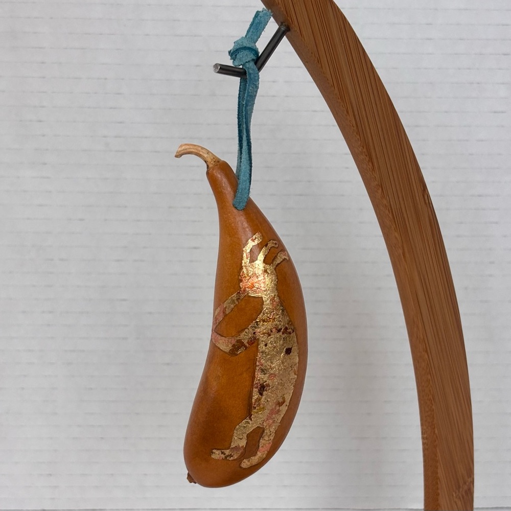 Small signed Gourd Ornament southwest Style With Gold Leaf Kokopelli Figure